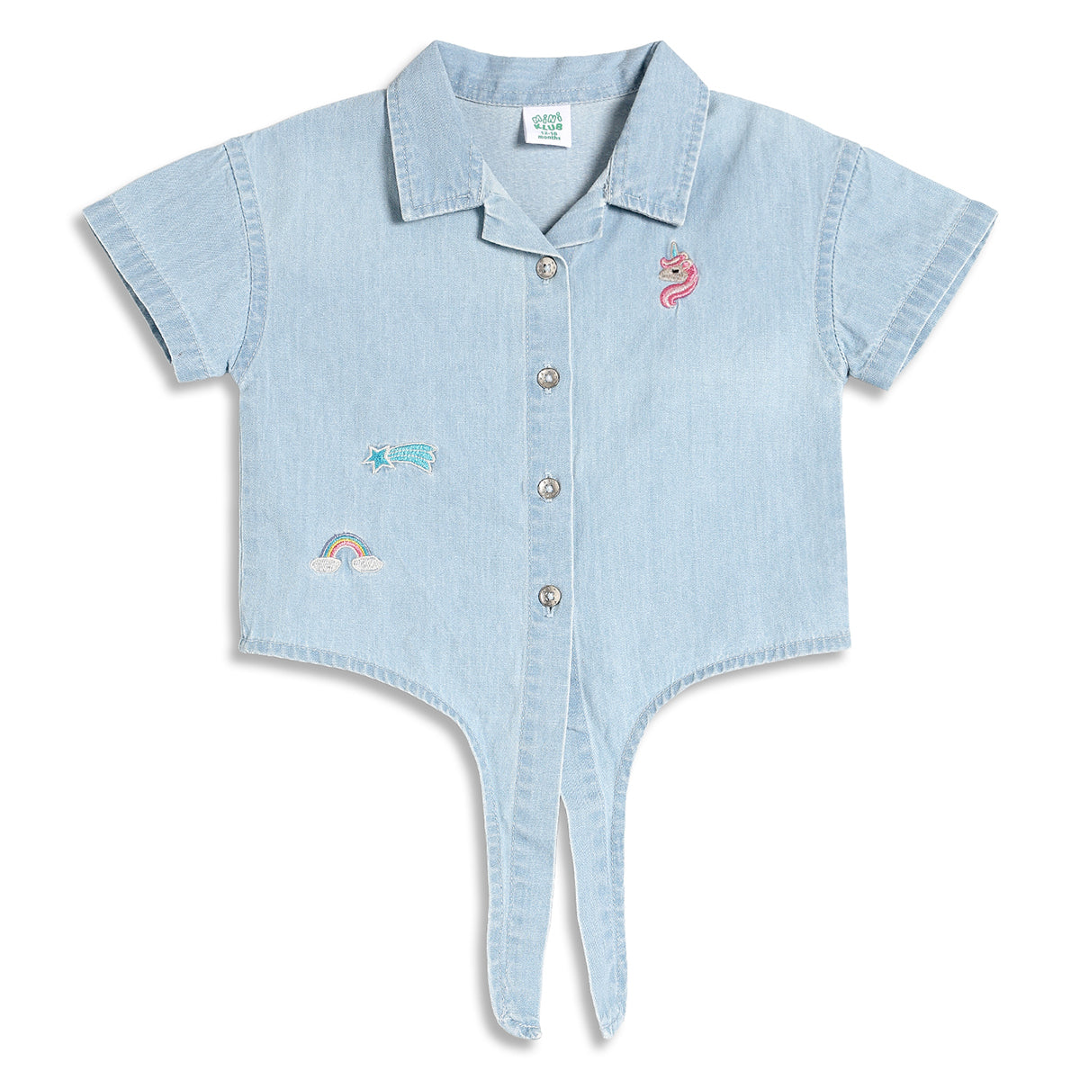 Baby Girls Embroidered Denim Tie-Up Top, Light Blue