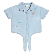Baby Girls Embroidered Denim Tie-Up Top, Light Blue