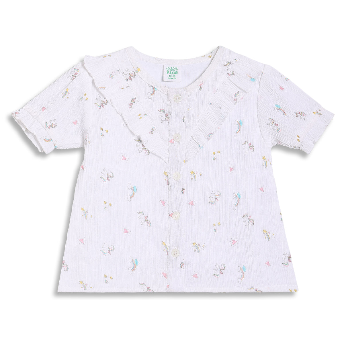 Baby Girls Unicorn and Rainbow Print Ruffle Top, White