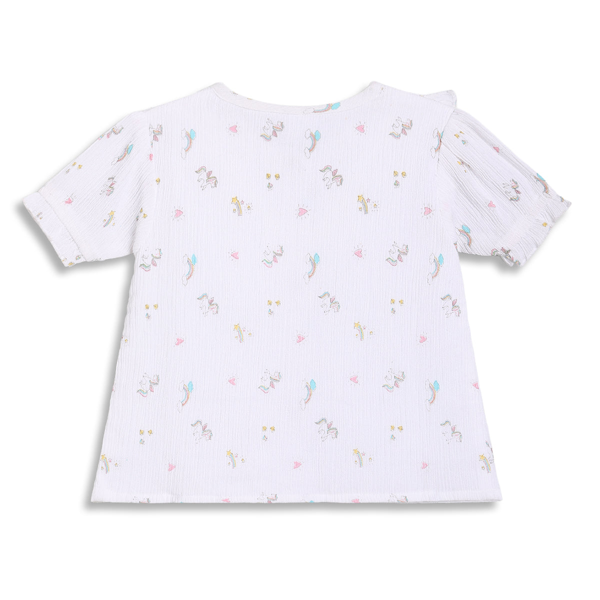 Baby Girls Unicorn and Rainbow Print Ruffle Top, White