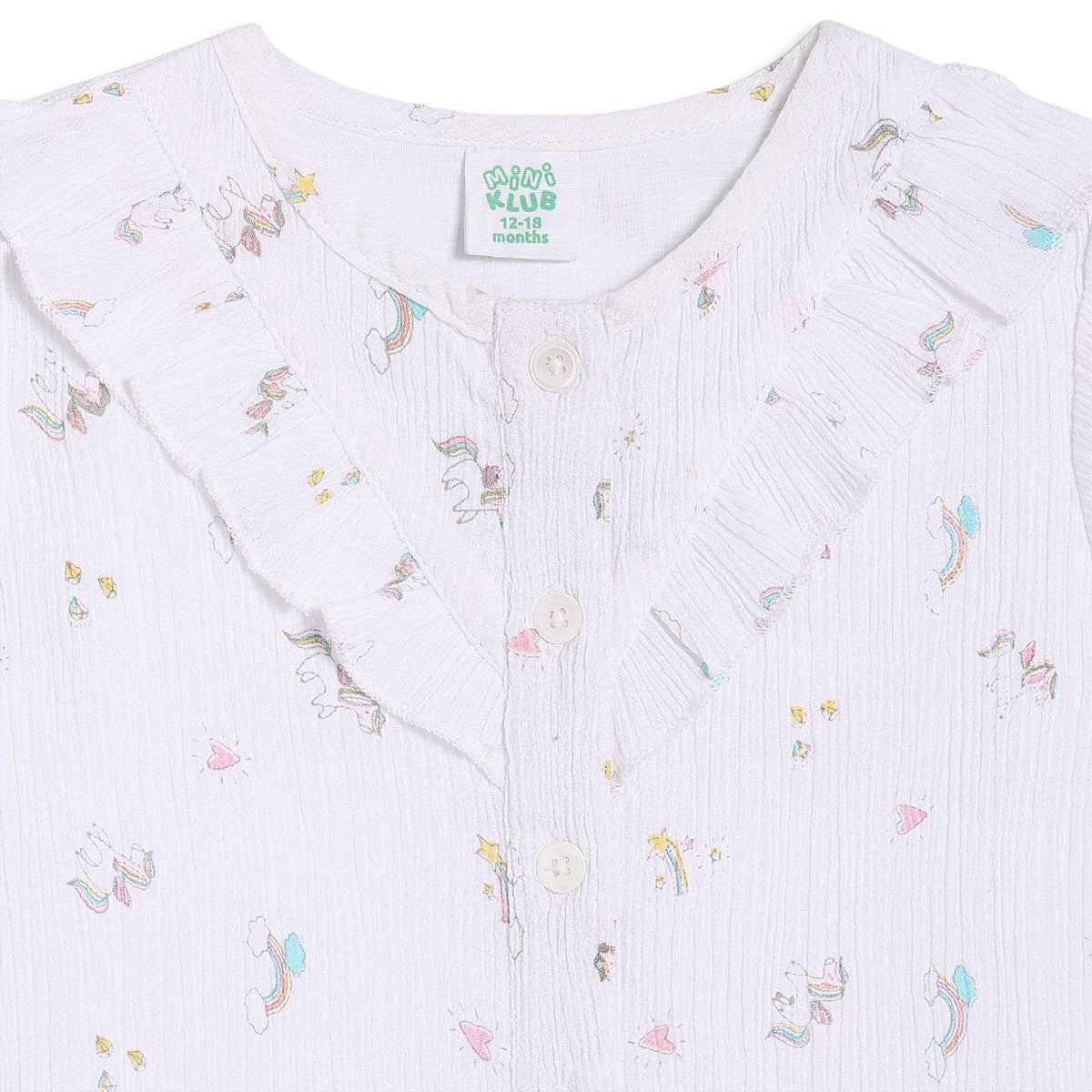 Baby Girls Unicorn and Rainbow Print Ruffle Top, White