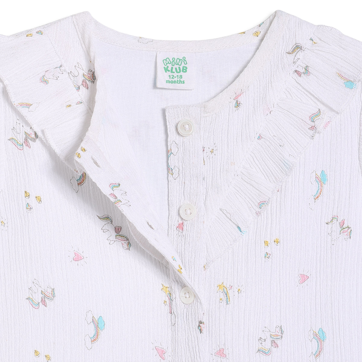 Baby Girls Unicorn and Rainbow Print Ruffle Top, White