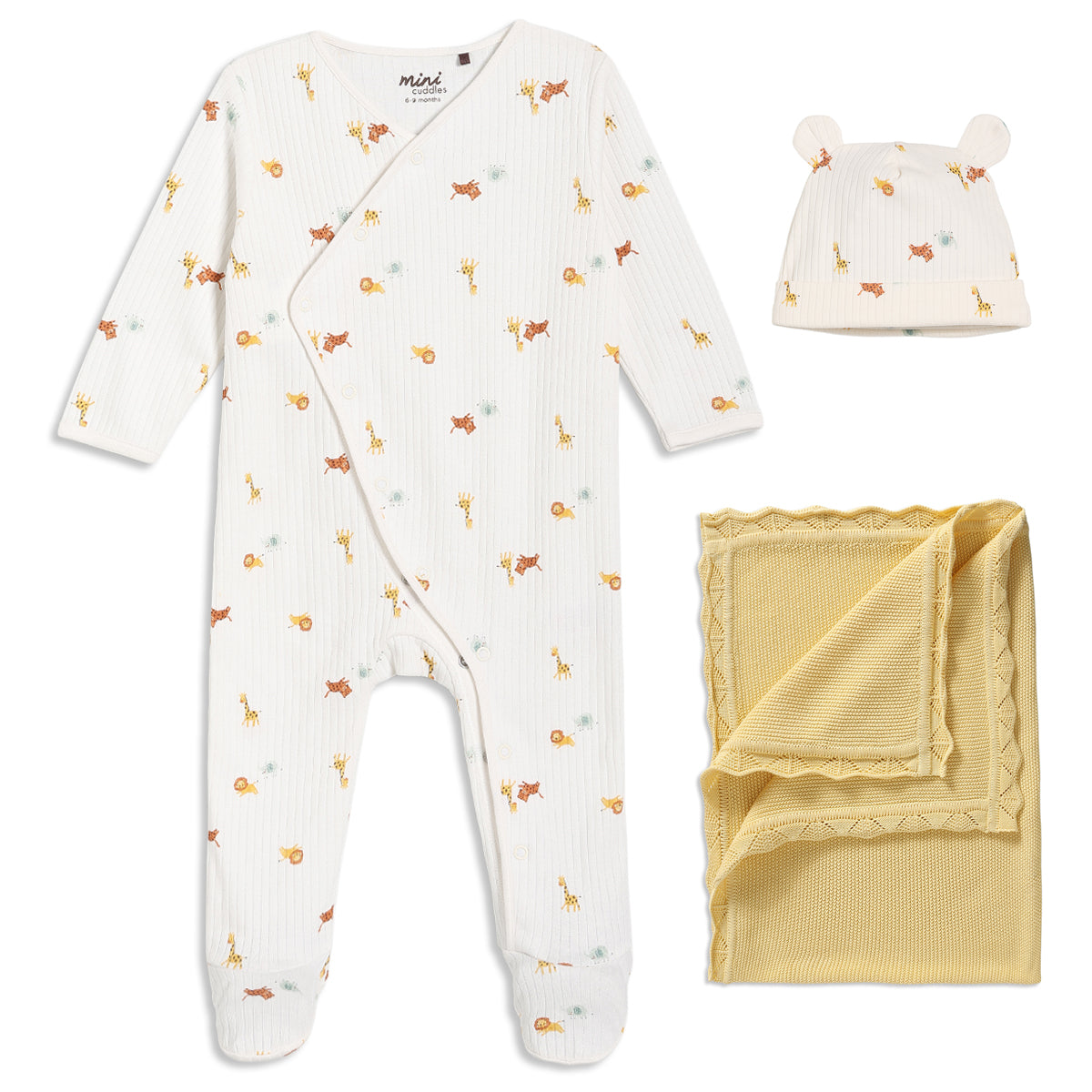 Baby Animal Print Sleepsuit with Cap and Blanket Gift Set, Off White and Yellow