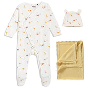 Baby Animal Print Sleepsuit with Cap and Blanket Gift Set, Off White and Yellow