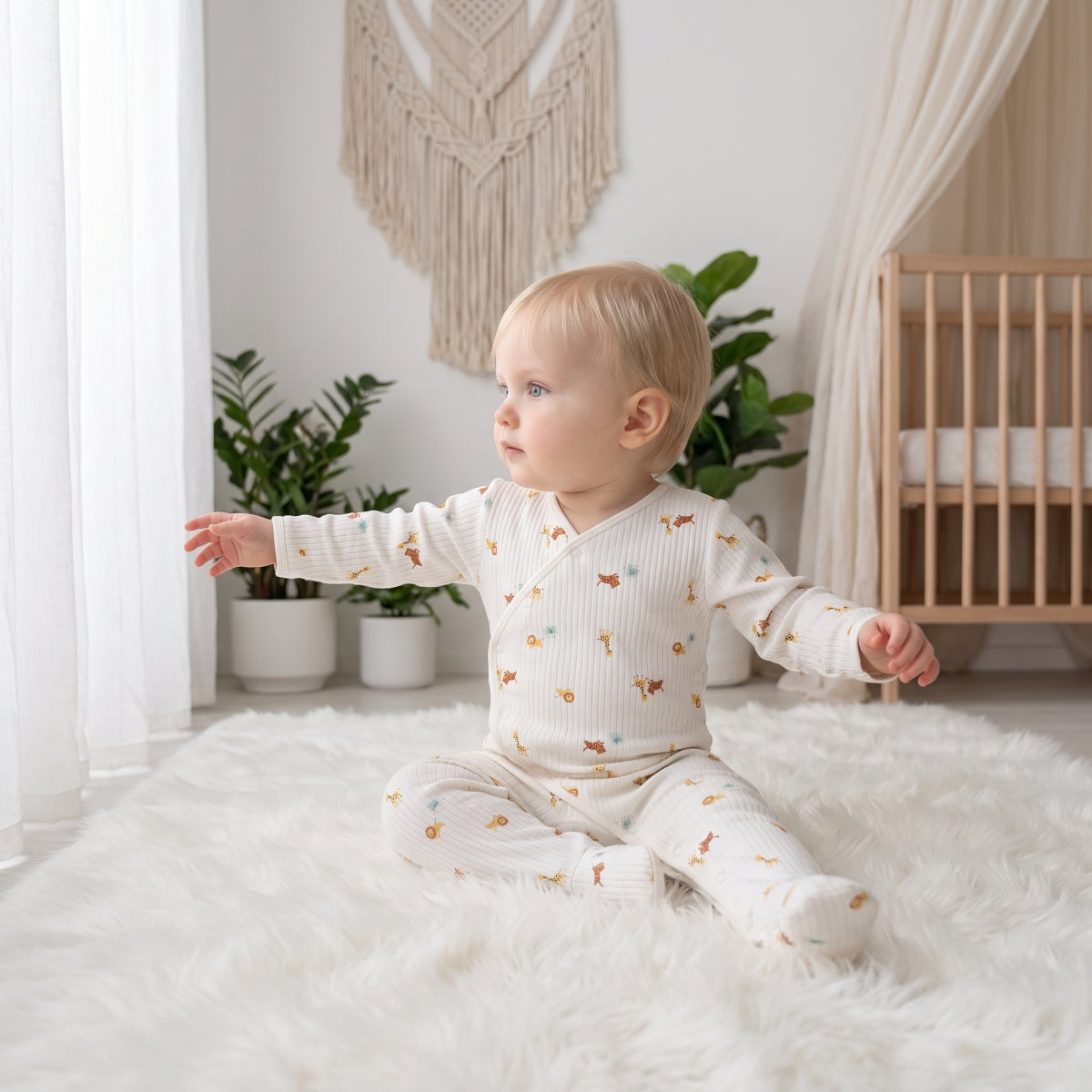 Baby Animal Print Sleepsuit with Cap and Blanket Gift Set, Off White and Yellow