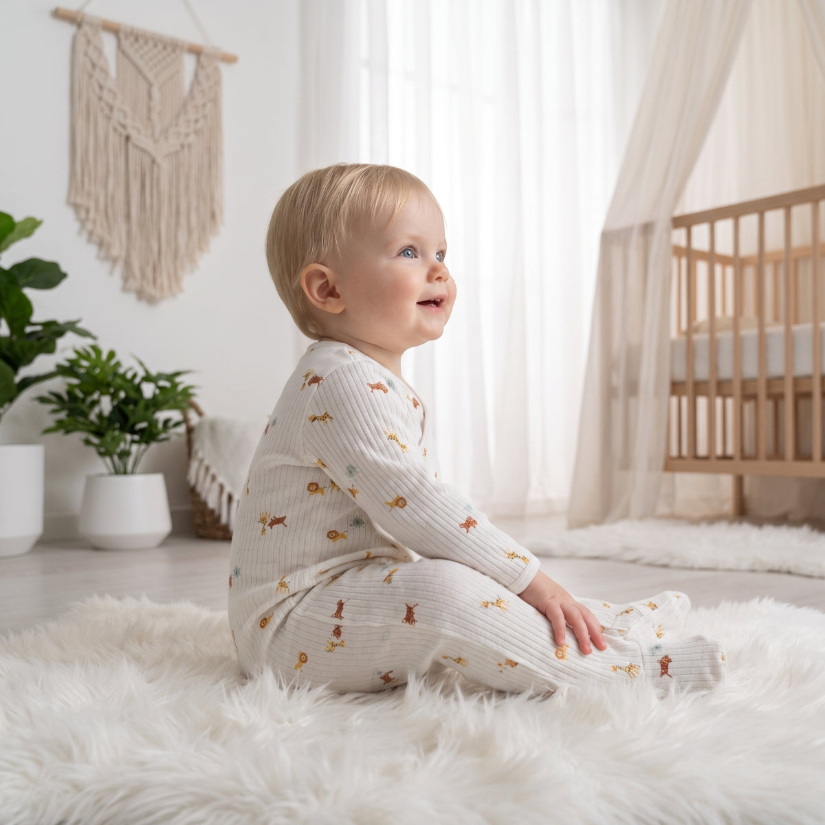 Baby Animal Print Sleepsuit with Cap and Blanket Gift Set, Off White and Yellow