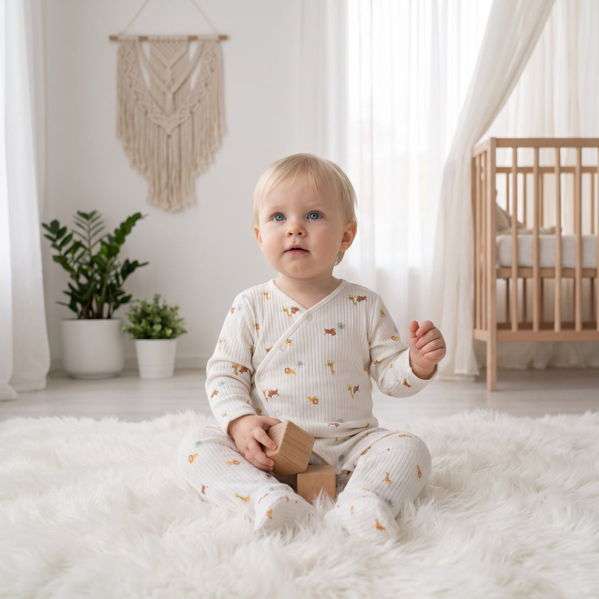 Baby Animal Print Sleepsuit with Cap and Blanket Gift Set, Off White and Yellow
