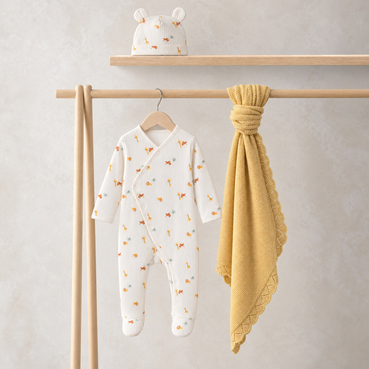 Baby Animal Print Sleepsuit with Cap and Blanket Gift Set, Off White and Yellow