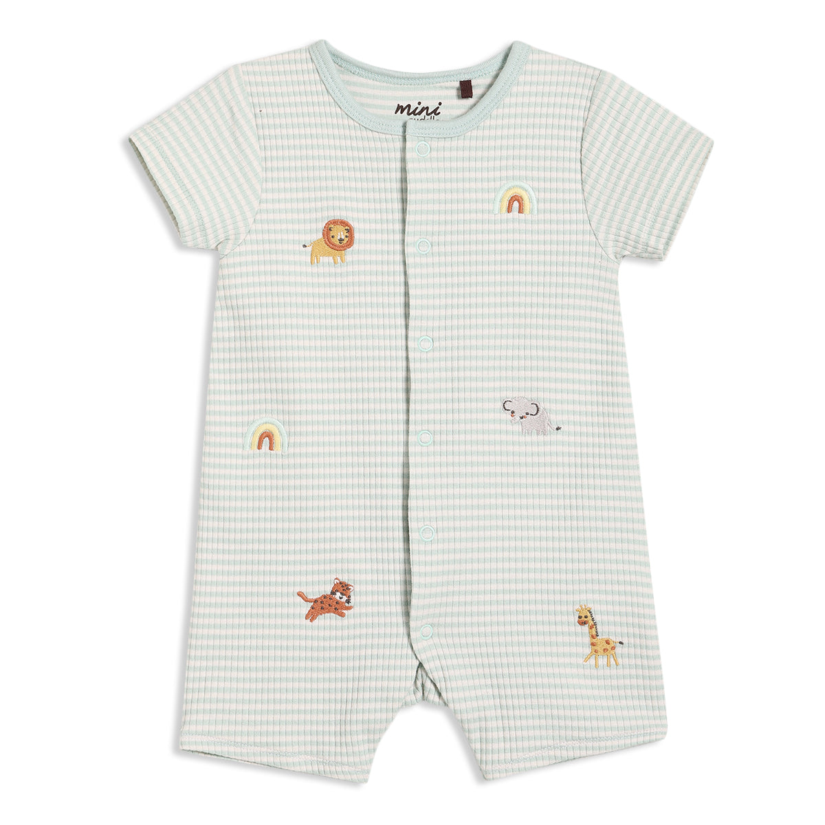 Baby Boys Animal Embroidered Striped Romper, Mint Green