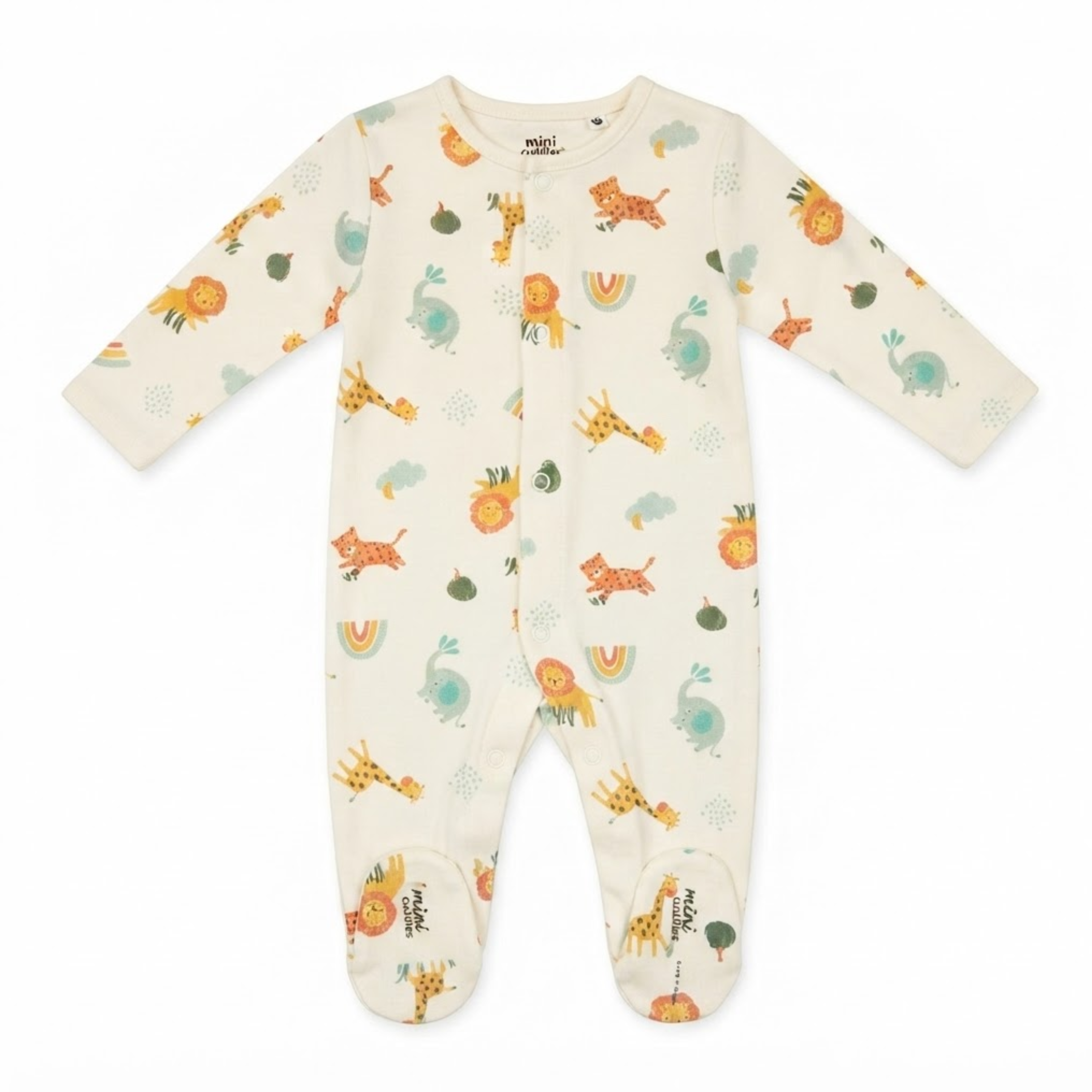 Baby Boys Ivory Cotton Animal Print Full Sleepsuit Regular Fit Casual Wear