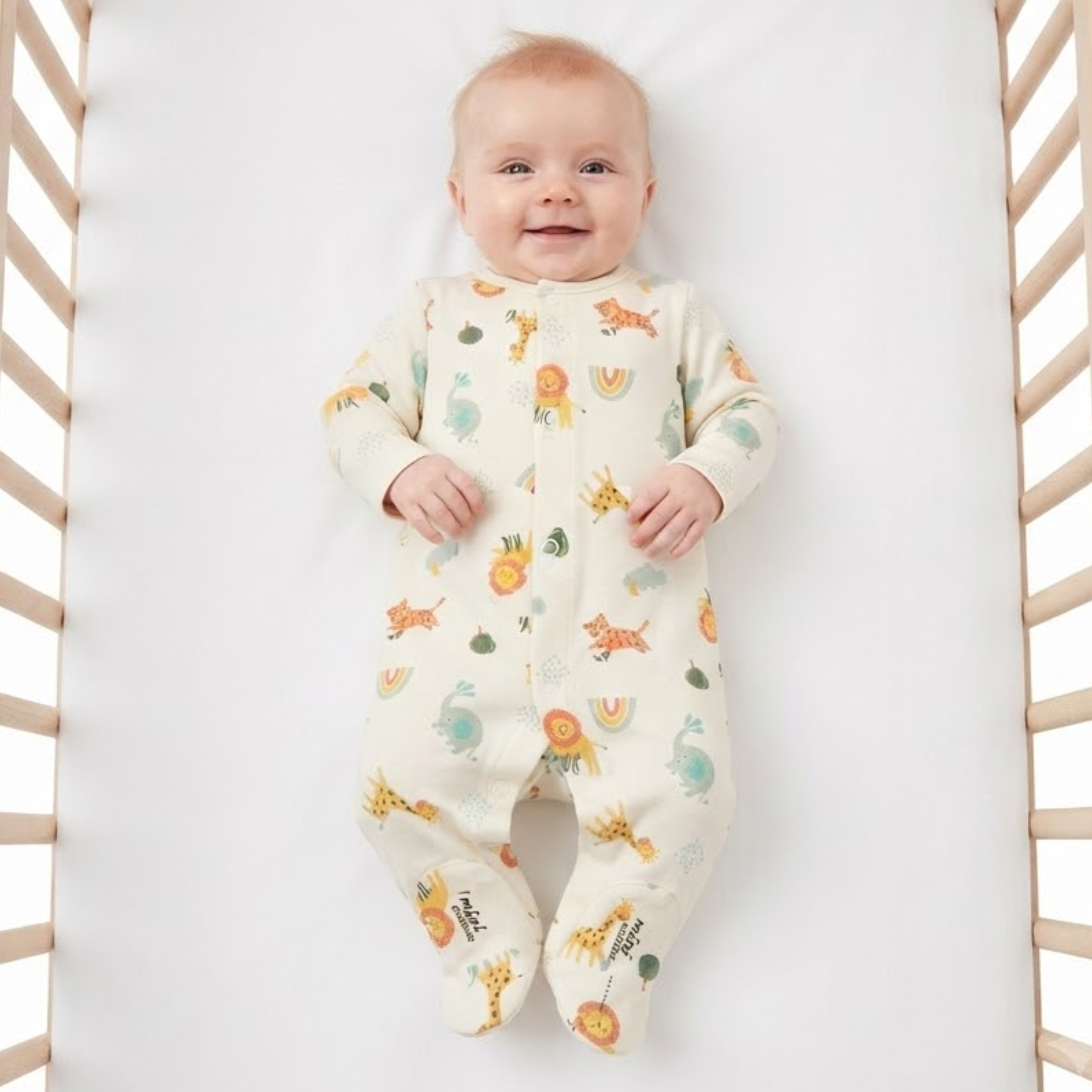 Baby Boys Ivory Cotton Animal Print Full Sleepsuit Regular Fit Casual Wear