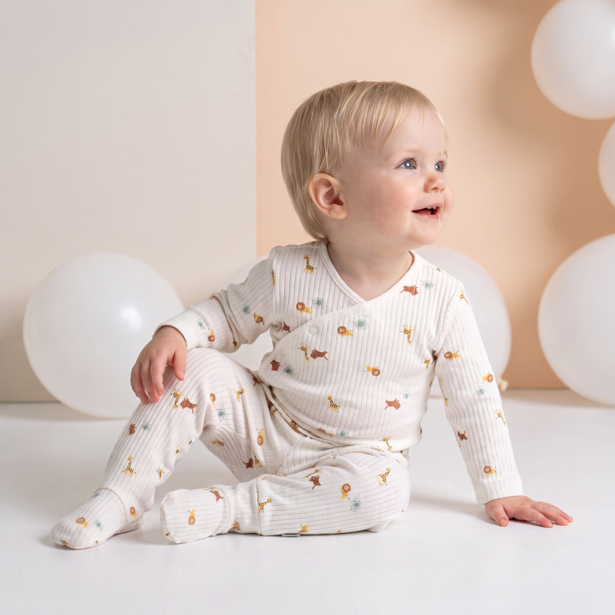 Baby Boys Animal Print Wrap Top and Footed Bottom Set, Cream