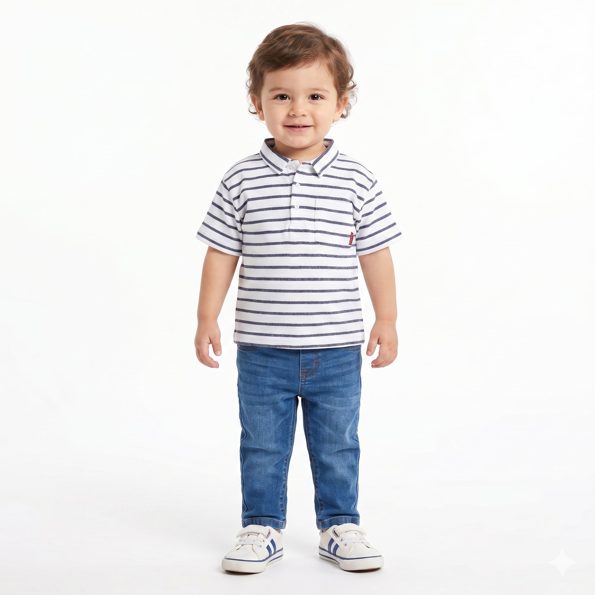 Boys Striped Polo T-Shirt With Collar, White and Navy Blue