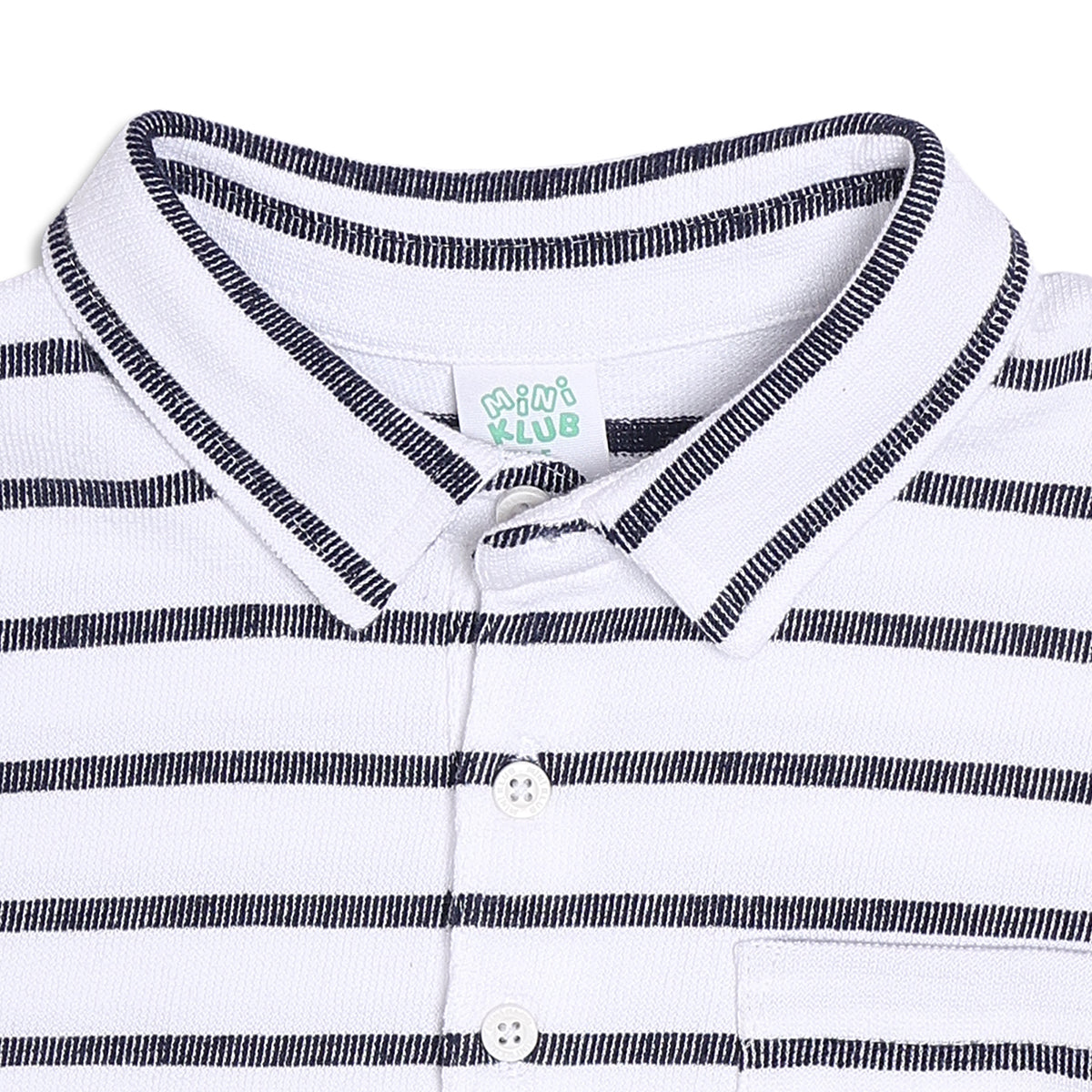 Boys Striped Polo T-Shirt With Collar, White and Navy Blue