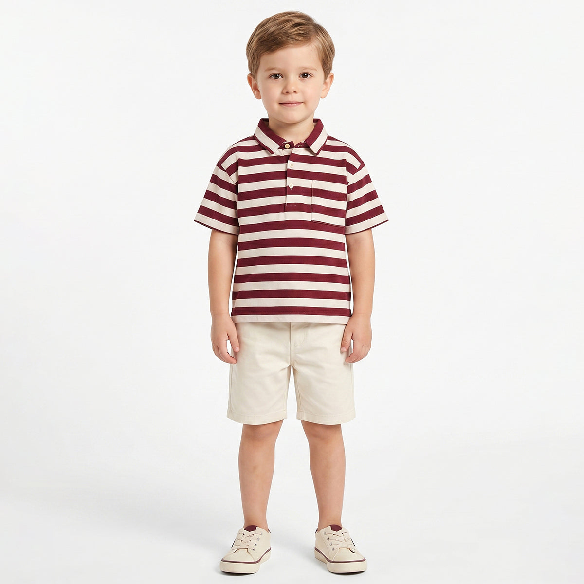 Boys Burgundy & Off White Striped Polo Neck T-Shirt Regular Fit Casual T-Shirt
