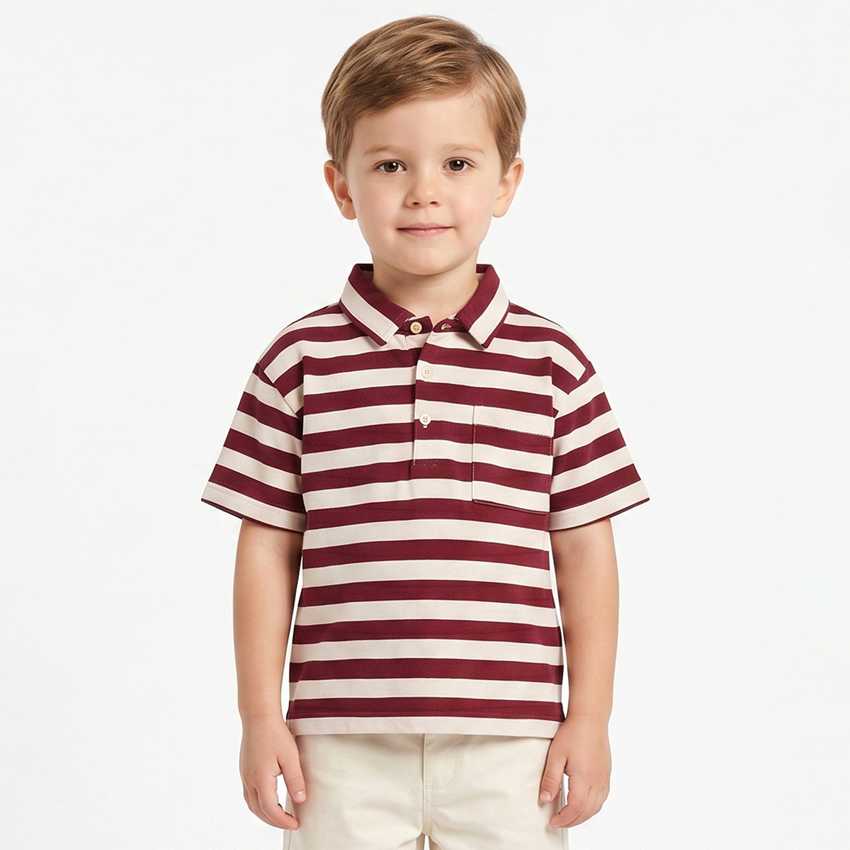 Boys Burgundy & Off White Striped Polo Neck T-Shirt Regular Fit Casual T-Shirt