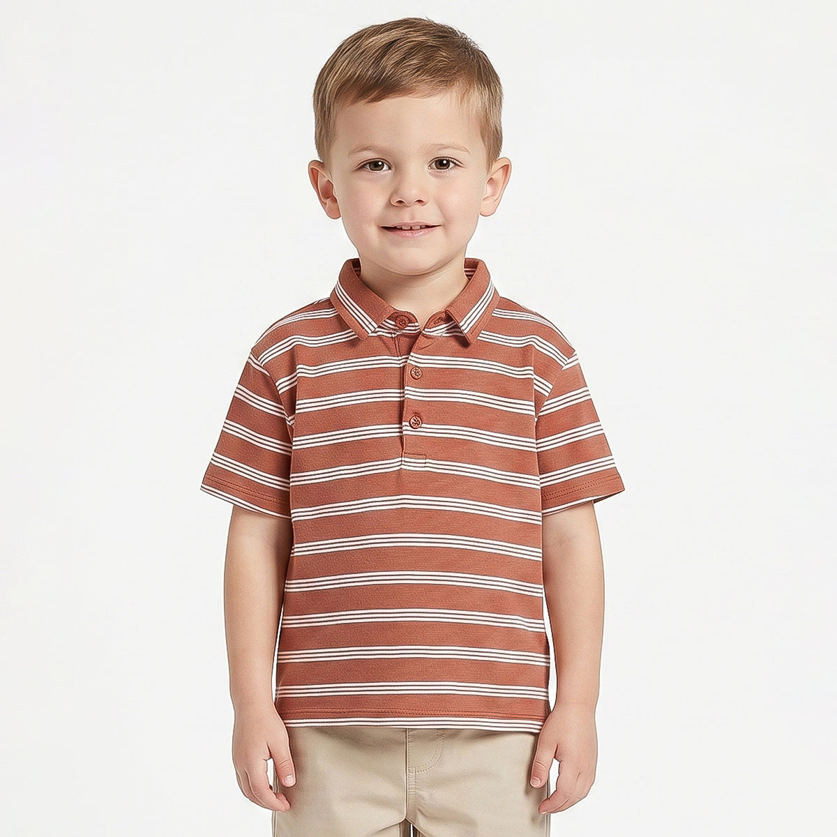 Boys Brown Striped Cotton Polo T-Shirt Regular Fit Casual Kids Polo T-Shirt