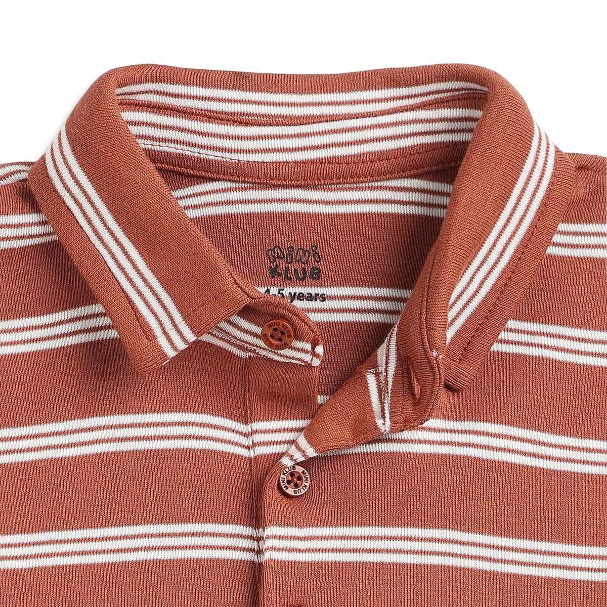 Boys Brown Striped Cotton Polo T-Shirt Regular Fit Casual Kids Polo T-Shirt