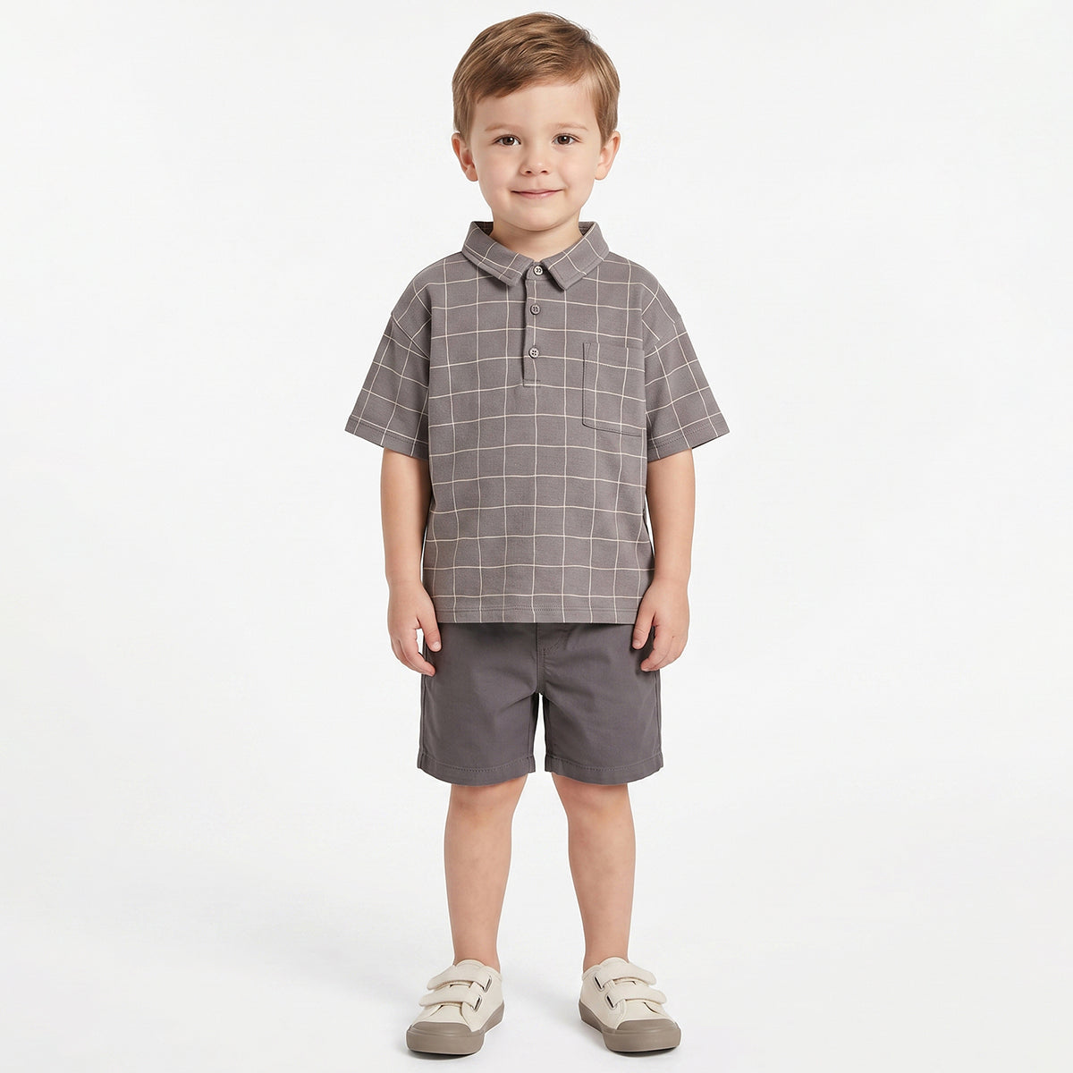Boys Grey Checked Cotton Polo T-Shirt Casual Kids T-Shirt