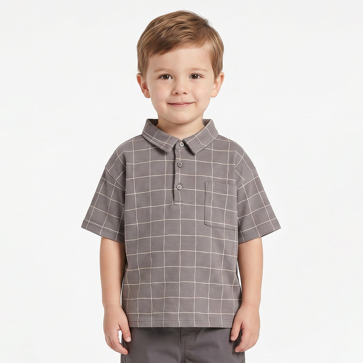 Boys Grey Checked Cotton Polo T-Shirt Casual Kids T-Shirt