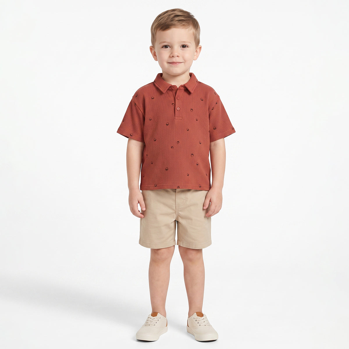 Boys Brown Cotton Waffle Knit Polo T-Shirt Regular Fit Casual Wear