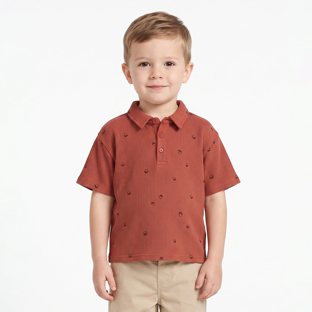 Boys Brown Cotton Waffle Knit Polo T-Shirt Regular Fit Casual Wear