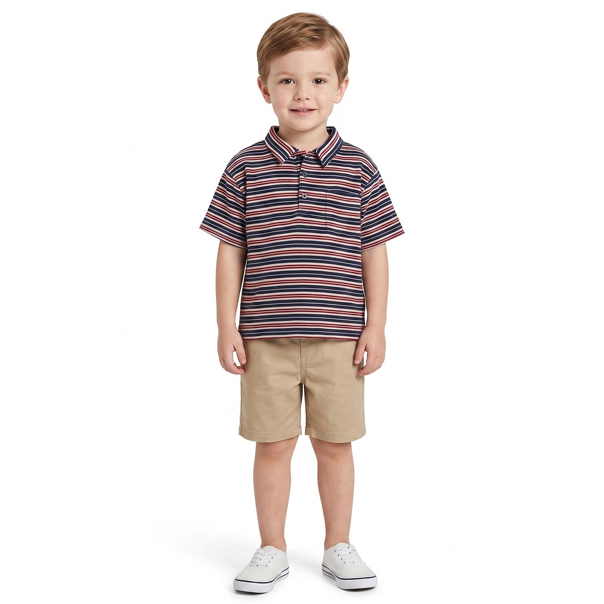 Baby Boys Navy Blue Cream And Red Cotton Striped Polo T-Shirt Regular Fit Casual Wear
