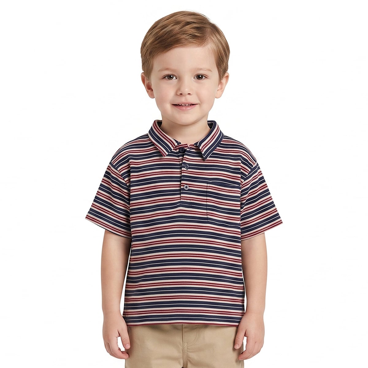 Baby Boys Navy Blue Cream And Red Cotton Striped Polo T-Shirt Regular Fit Casual Wear
