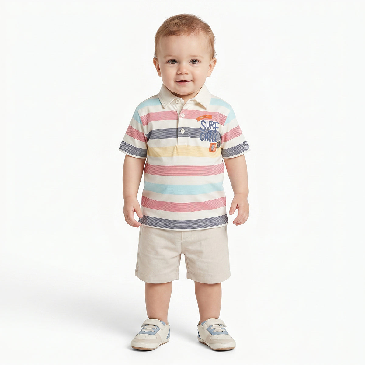 Boys Striped Polo T-Shirt with Graphic Print, Cream