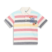 Boys Striped Polo T-Shirt with Graphic Print, Cream