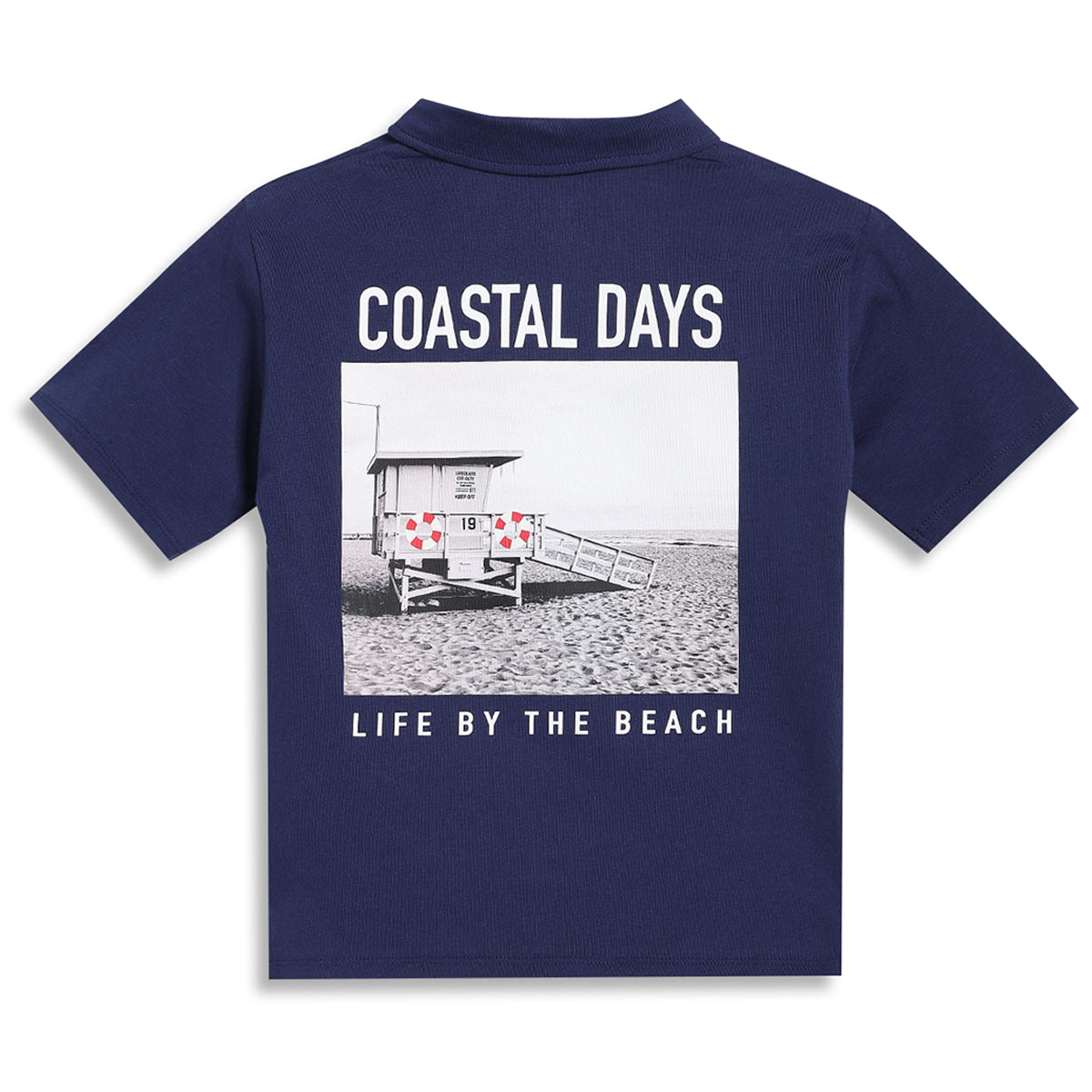 Boys Coastal Graphic Print Polo T-Shirt, Navy Blue