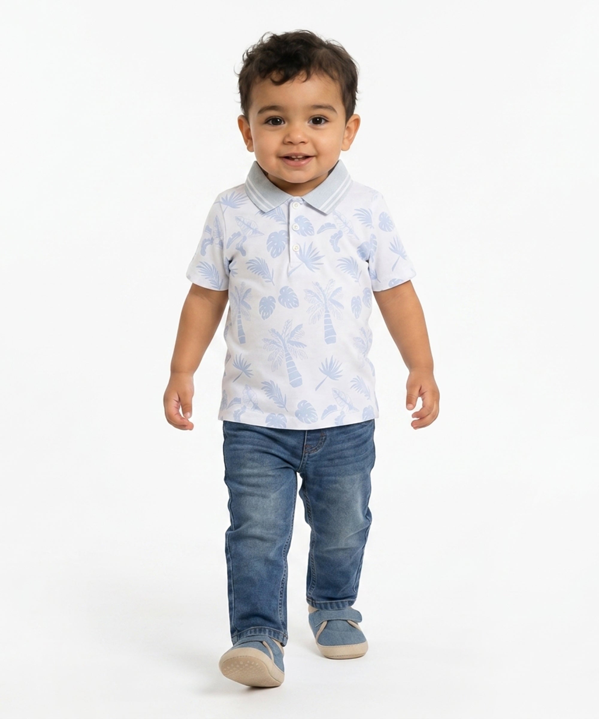 Baby Boys Palm Print Polo T-Shirt, Light Blue and White