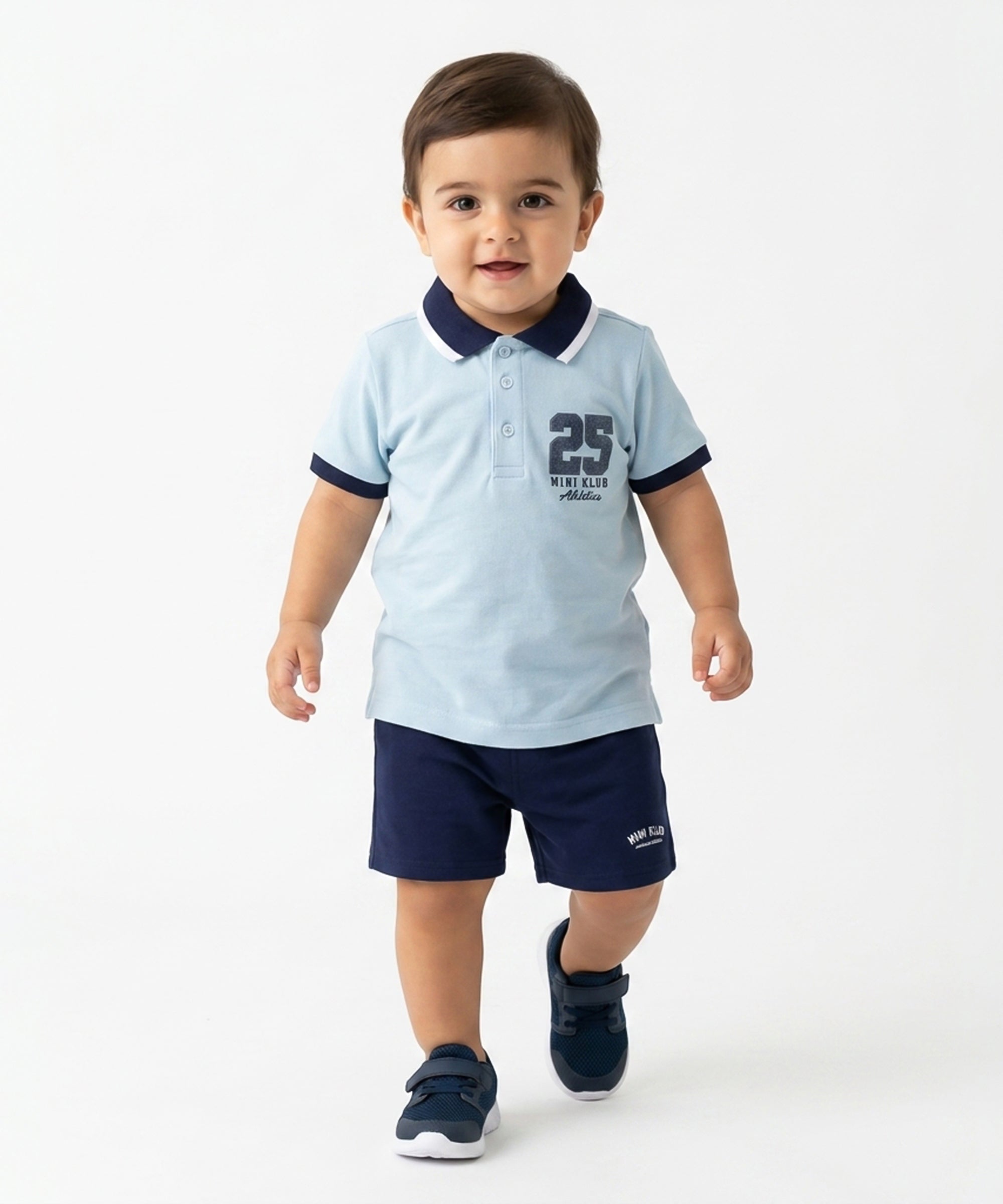 Baby Boys Typography Print Polo T-Shirt, Light Blue and Navy Blue