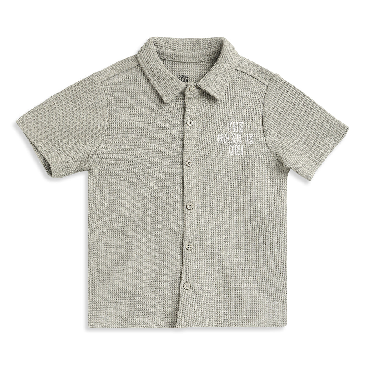 Boys Sage Green Textured Typographic Cotton Shirt Regular Fit Casual Kids Shirt