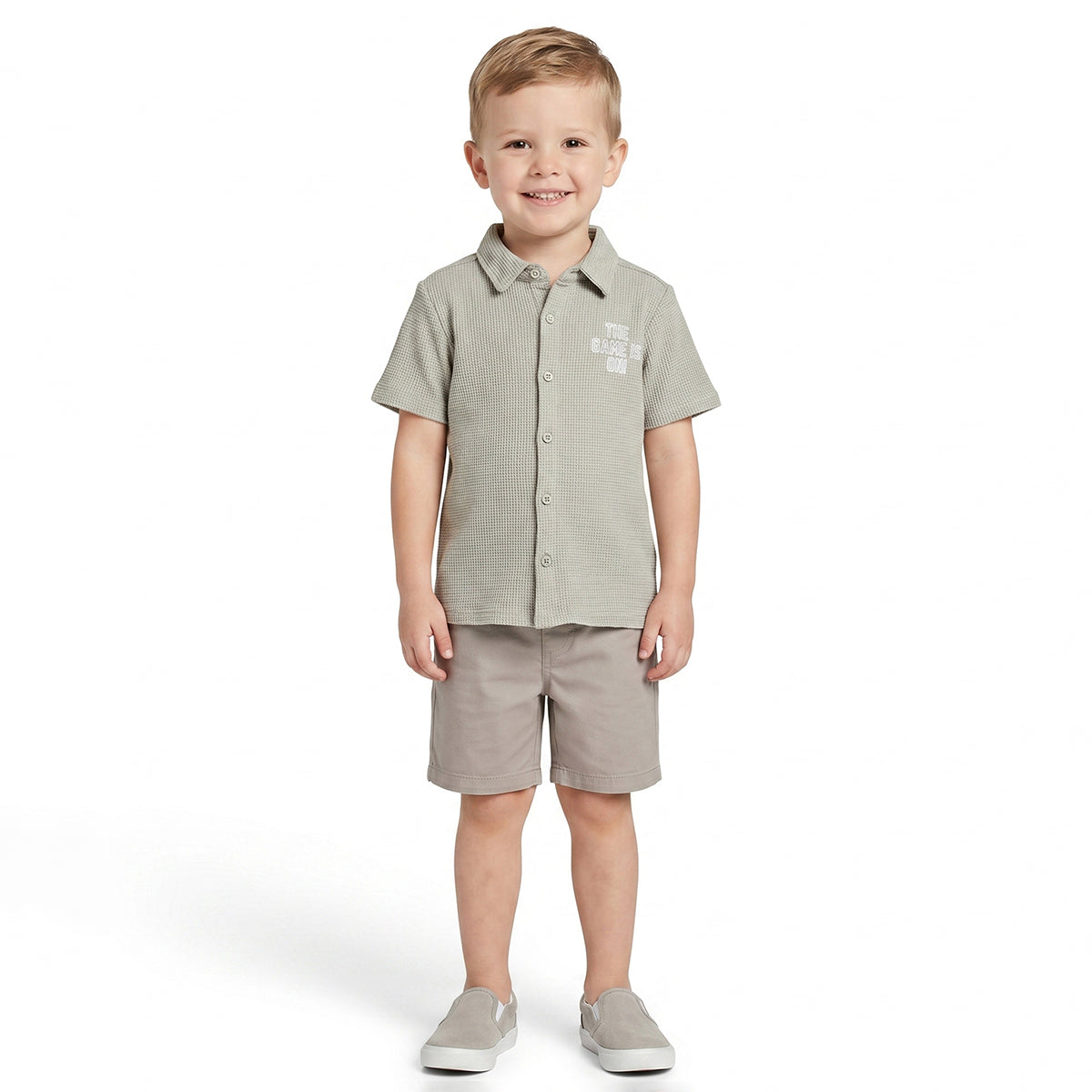 Boys Sage Green Textured Typographic Cotton Shirt Regular Fit Casual Kids Shirt
