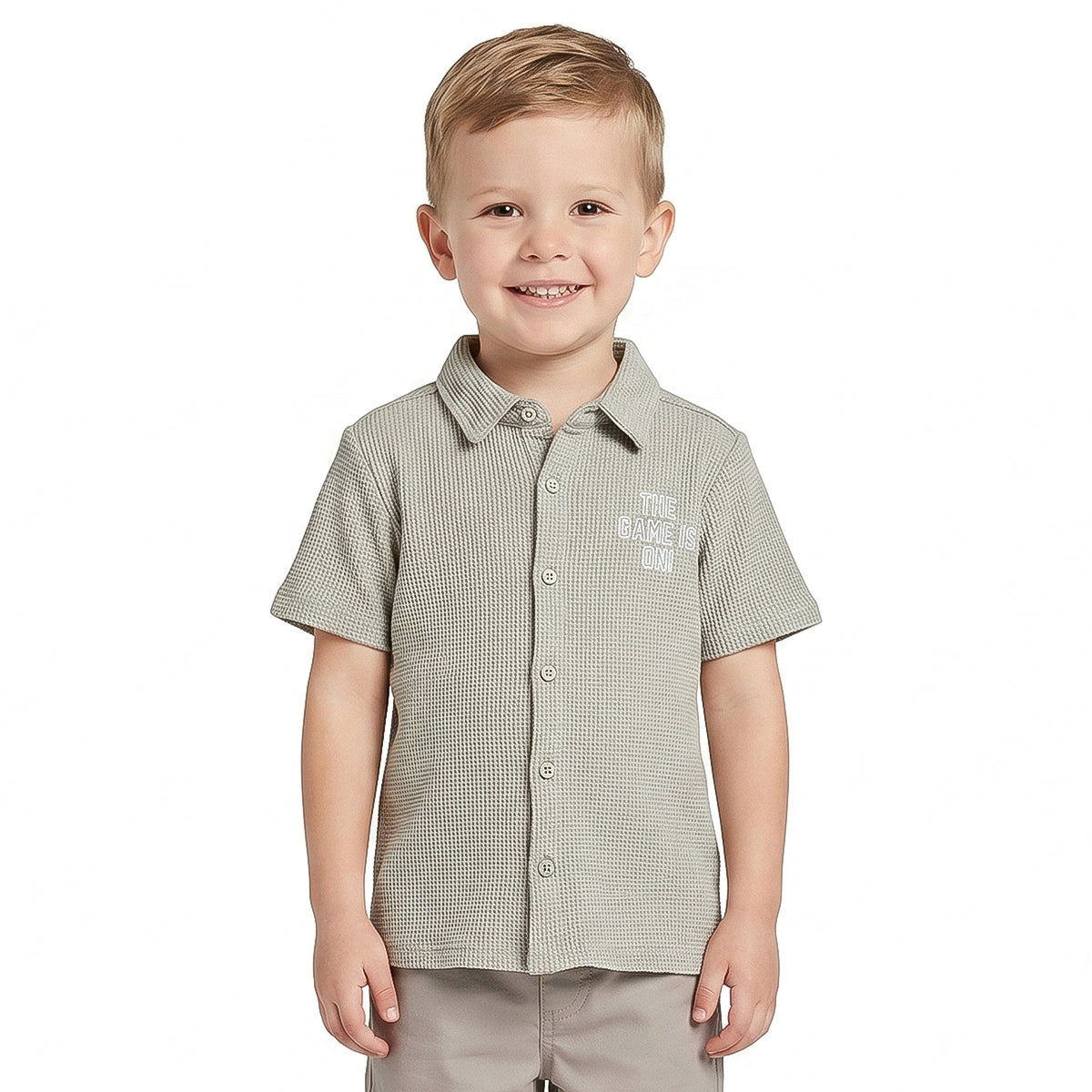 Boys Sage Green Textured Typographic Cotton Shirt Regular Fit Casual Kids Shirt