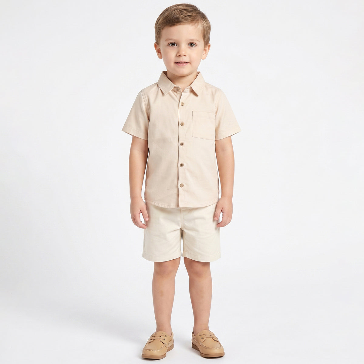 Boys Beige Solid Cotton Casual Shirt Regular Fit Half Sleeve Kids Shirt