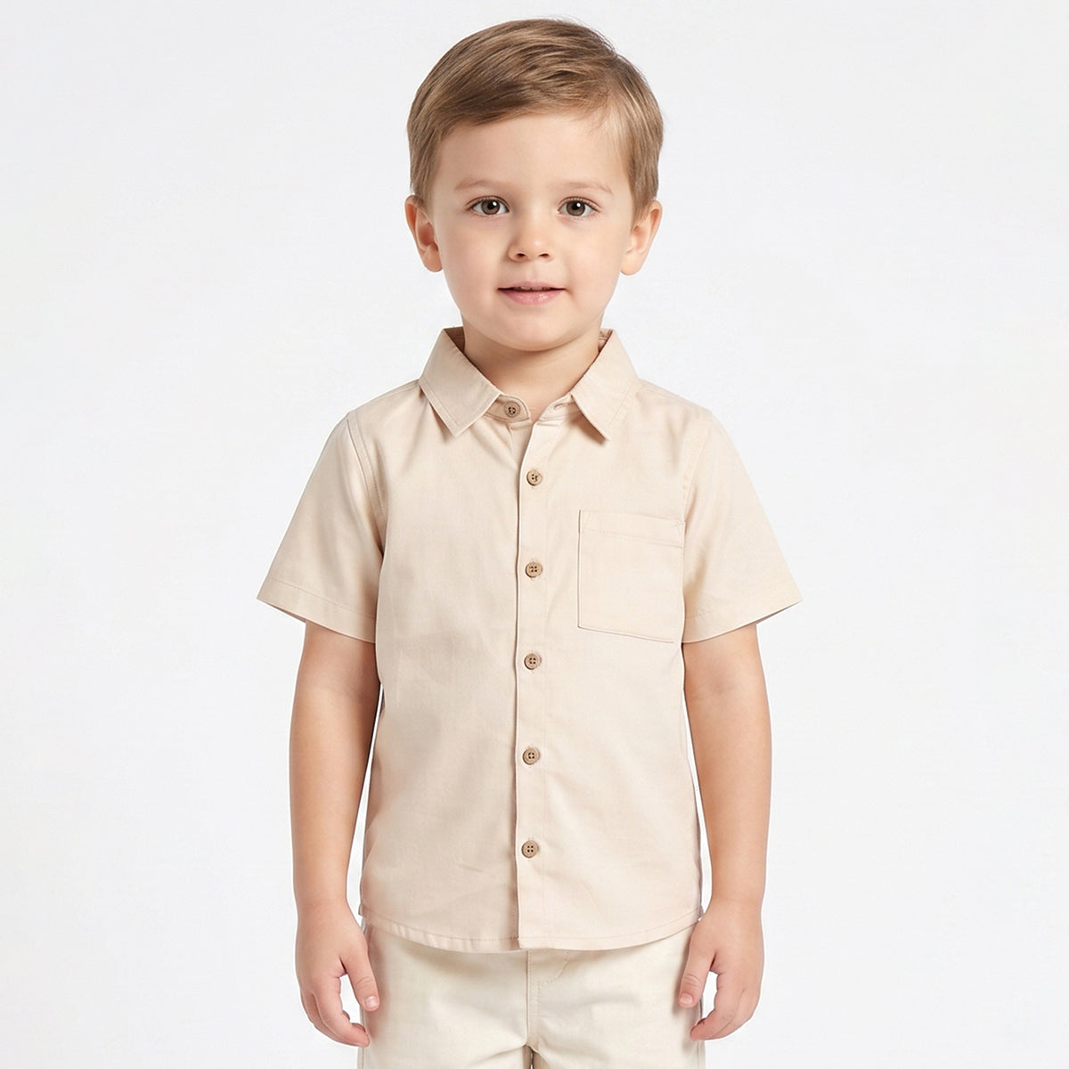 Boys Beige Solid Cotton Casual Shirt Regular Fit Half Sleeve Kids Shirt