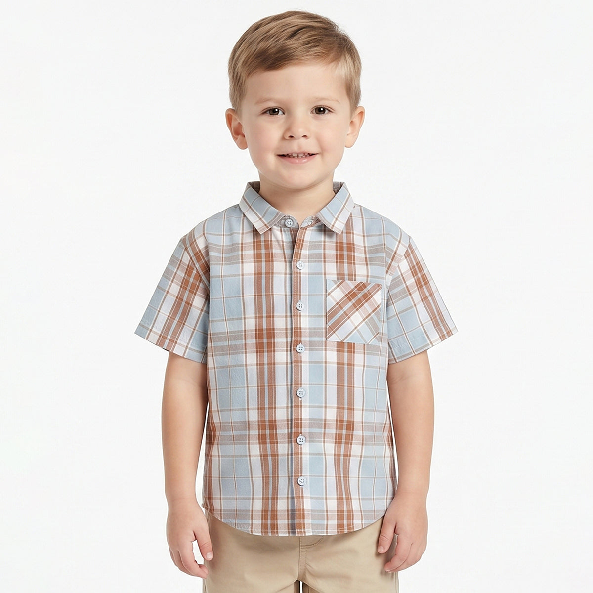 Boys Blue & Brown Checked Cotton Regular Fit Casual Shirt