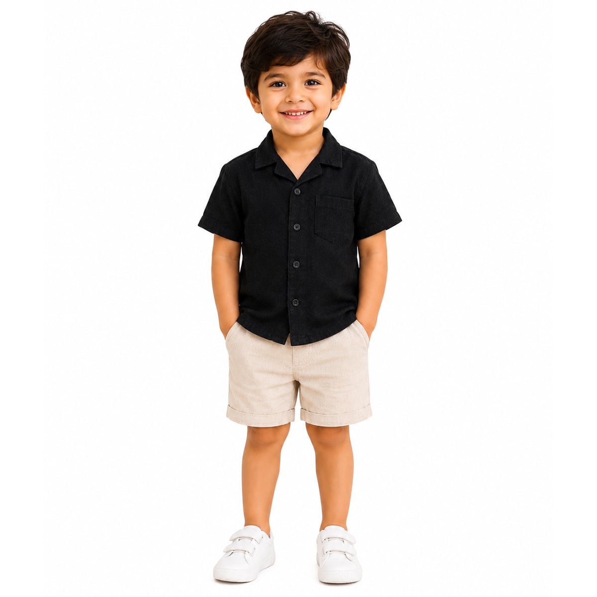 Kids Boys Textured Cotton Shirt, Black