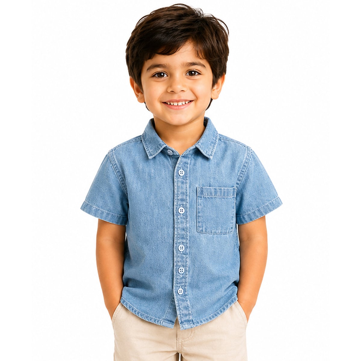 Kids Boys Denim Look Cotton Shirt, Blue