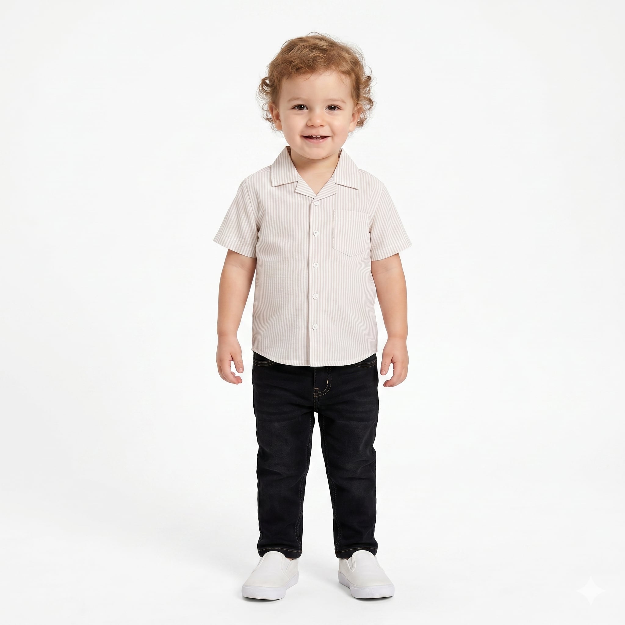 Boys Striped Half Sleeves Cotton Shirt With Pocket, Beige and White