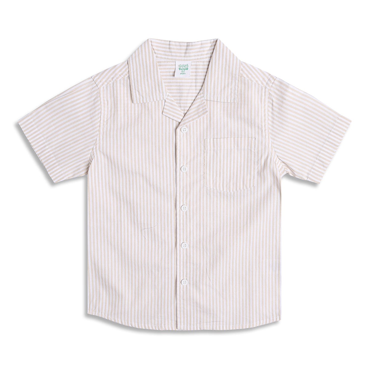 Boys Striped Half Sleeves Cotton Shirt With Pocket, Beige and White
