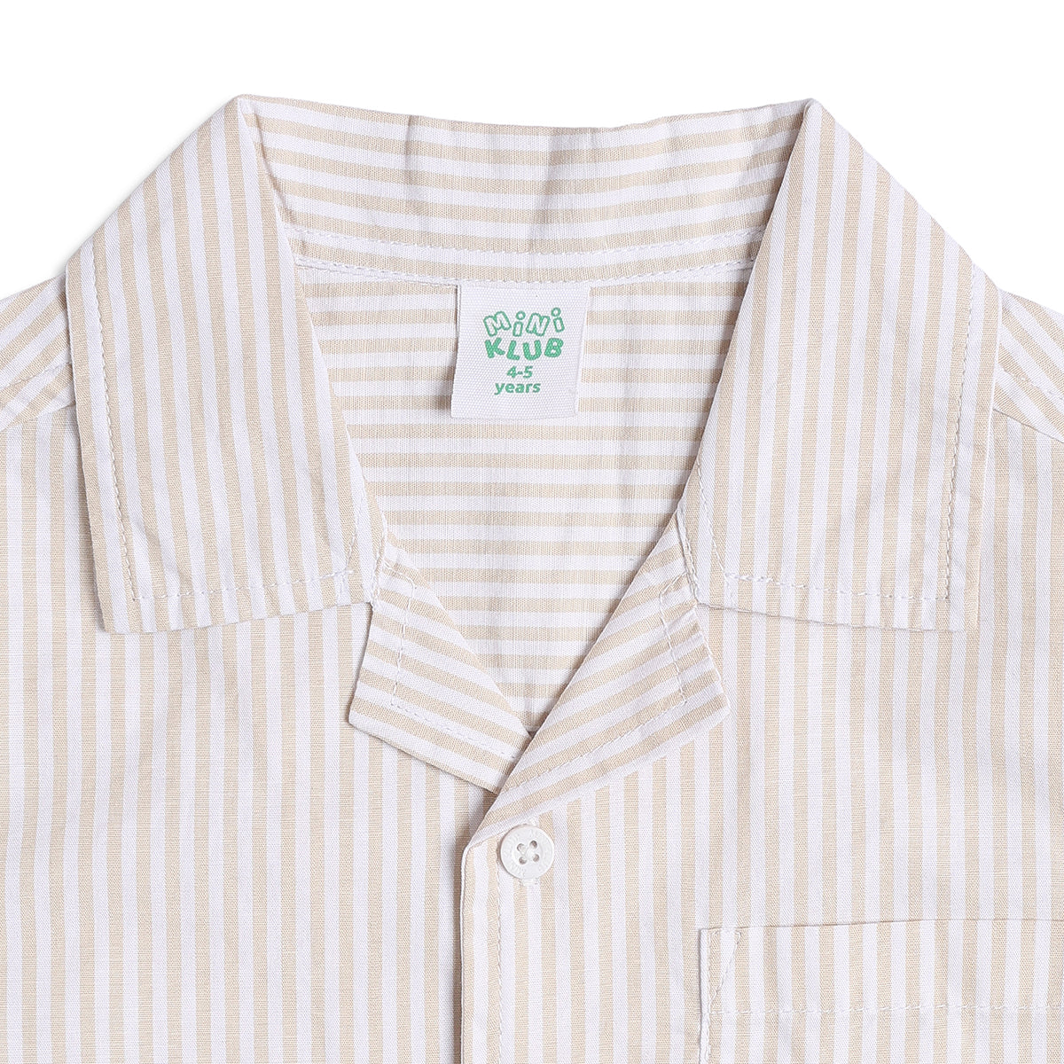 Boys Striped Half Sleeves Cotton Shirt With Pocket, Beige and White