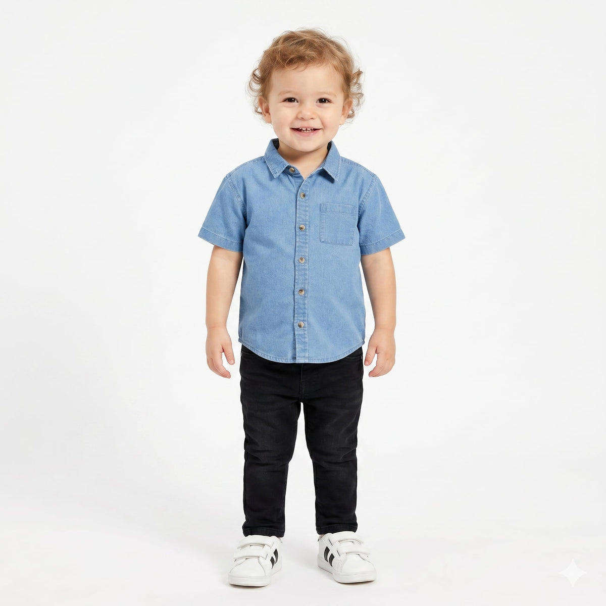 Boys Denim Half Sleeves Shirt With Pocket, Light Blue