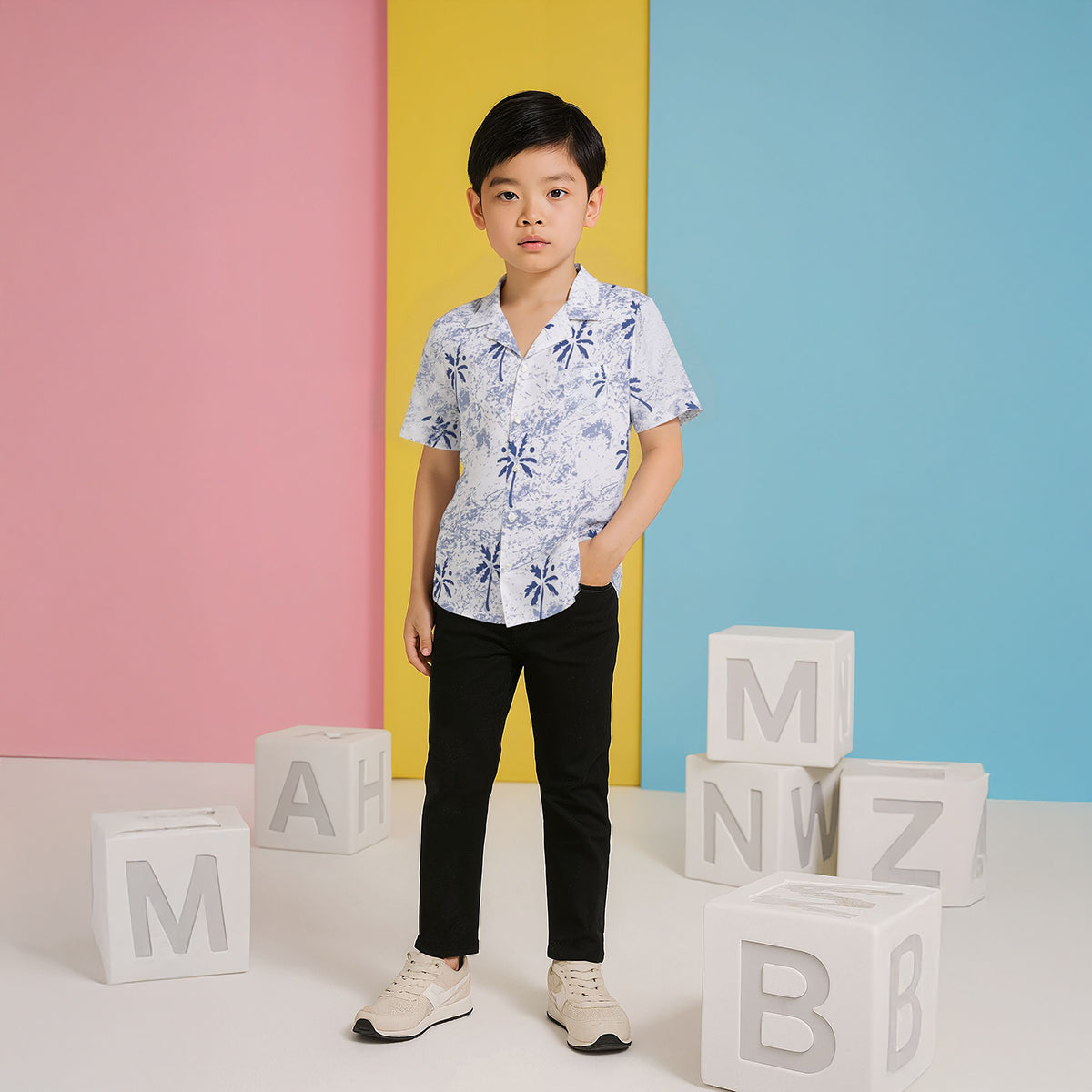 Baby Boys Tree Printed Shirt, Blue and White