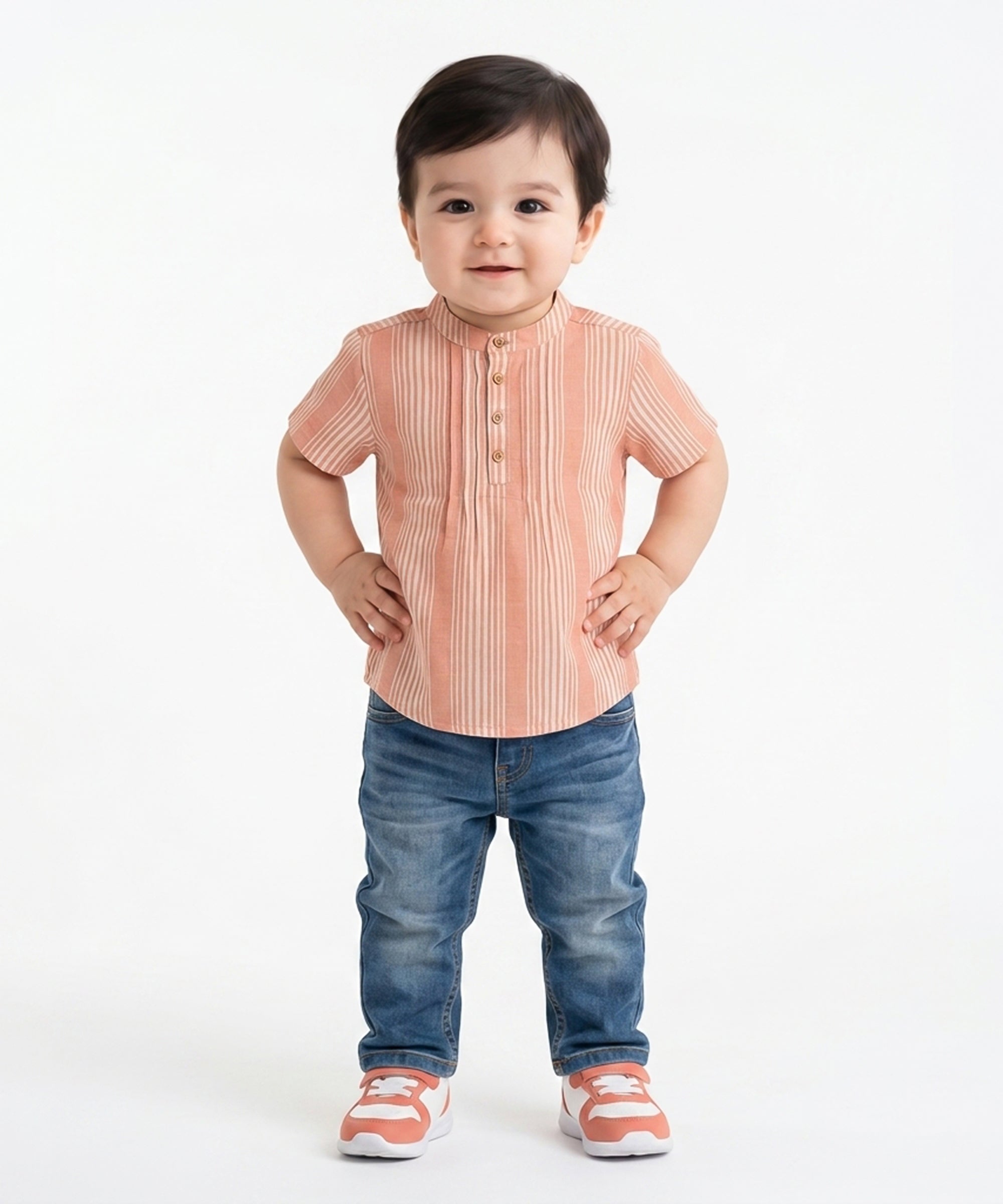 Baby Boys Striped Short Sleeve Shirt, Peach and White