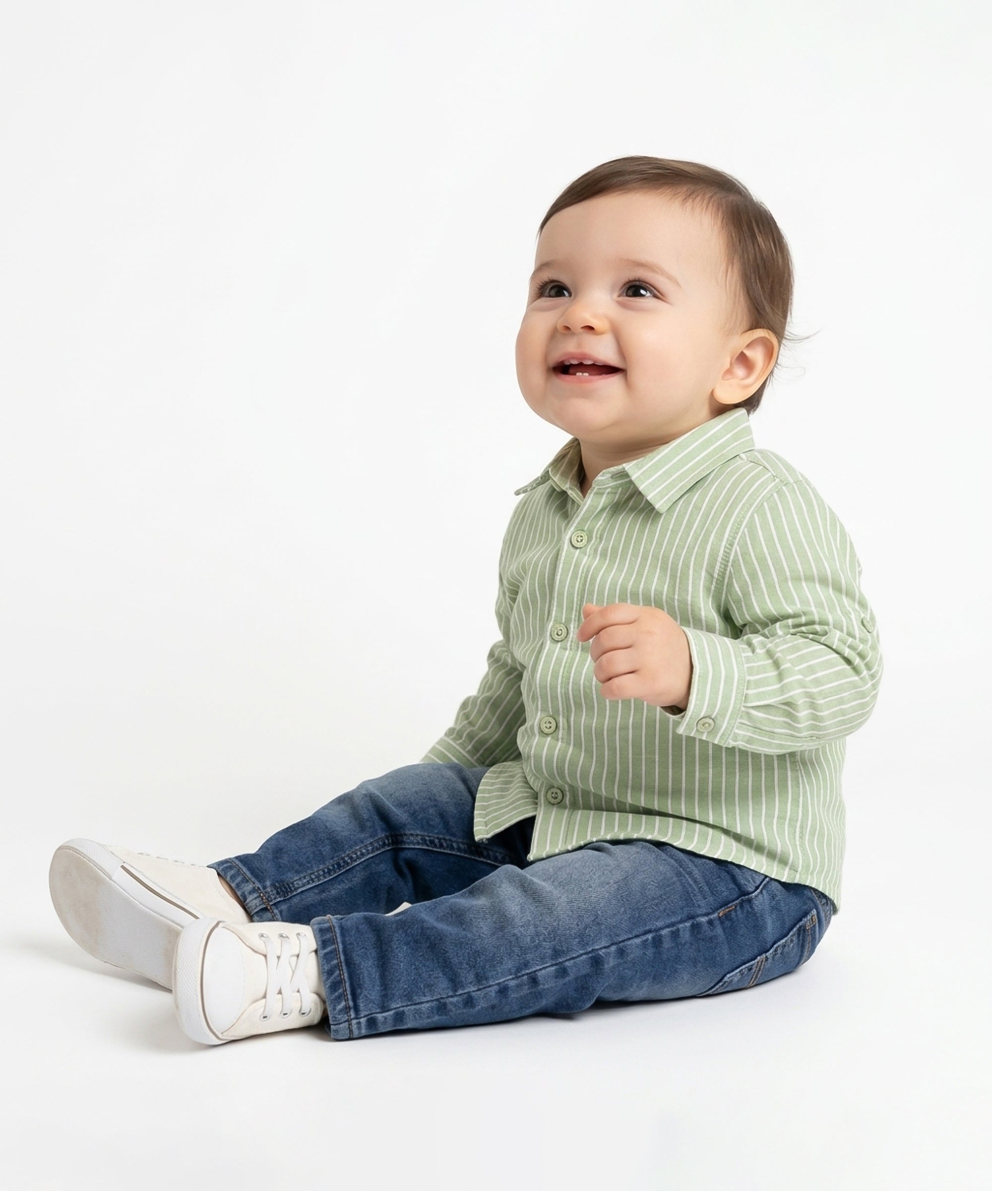 Baby Boys Striped Full Sleeve Shirt, Light Green and White