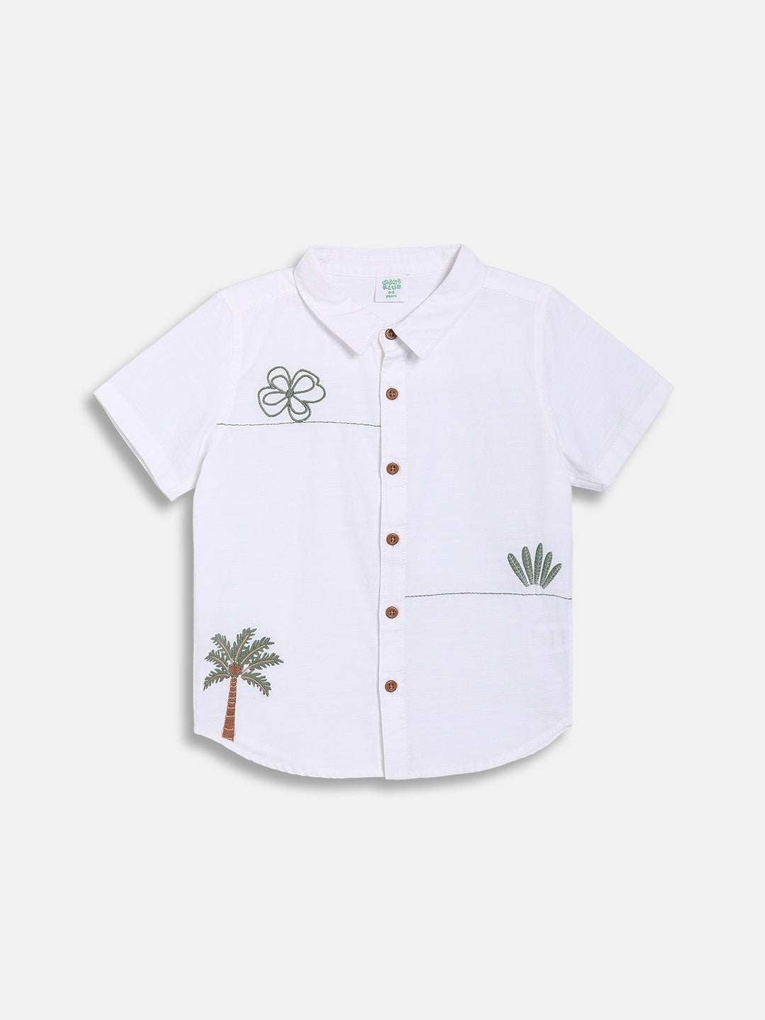 Kids Boys Embroidered Shirt, White with Green Detailing