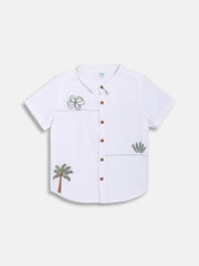 Kids Boys Embroidered Shirt, White with Green Detailing